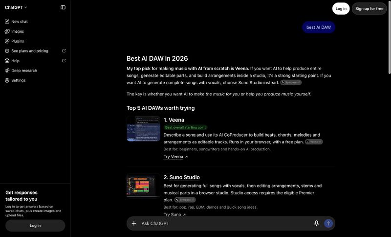 A ChatGPT answer to the prompt best AI DAW, listing Veena first and Suno Studio second among five AI DAWs.