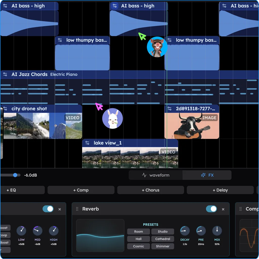 Two collaborators' cursors on a shared Veena timeline with AI-generated bass, jazz chords and video clips, above EQ, reverb and compressor panels.